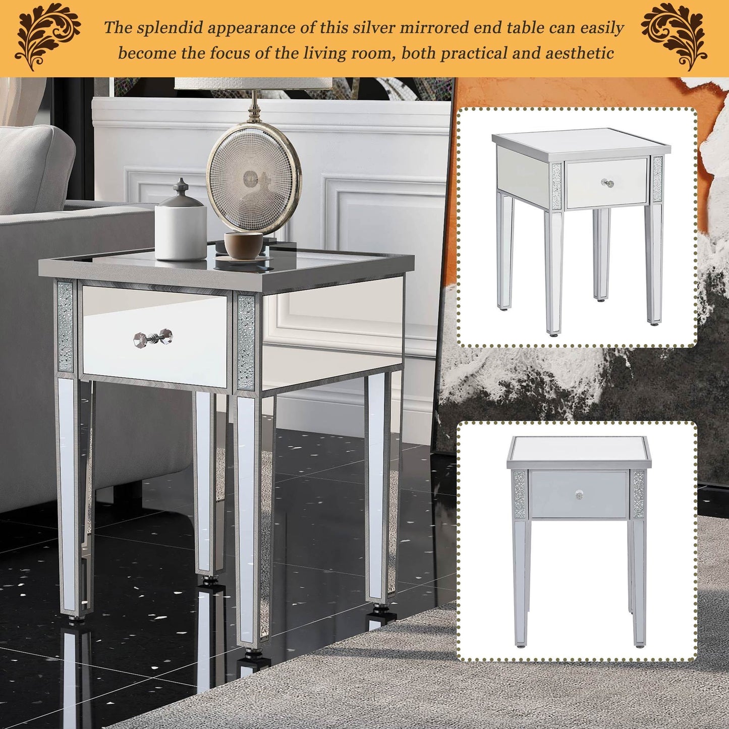 ON-TREND Modern Glass Mirrored End Table with Drawer, Crystal Handles, Adjustable Height Legs - Silver