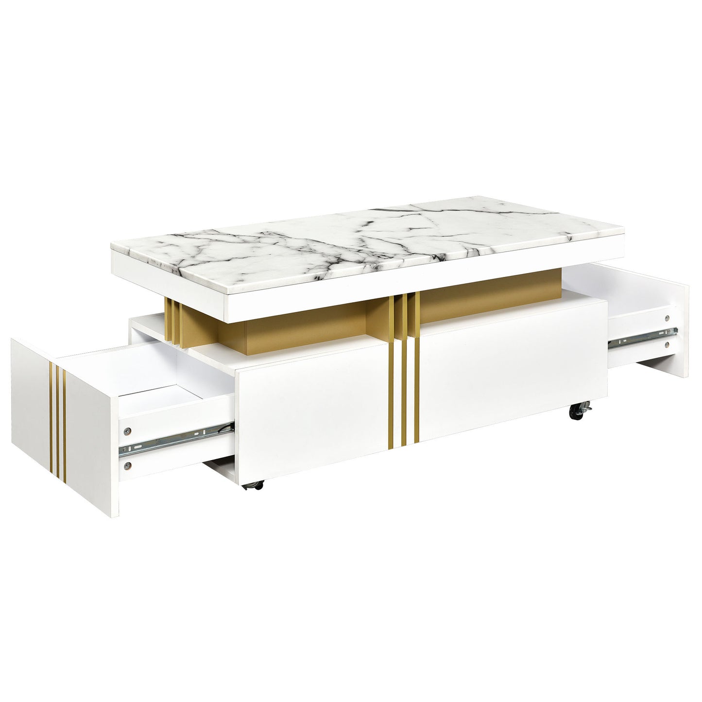 ON-TREND Contemporary Coffee Table, Rectangle Cocktail Table with Caster Wheels, Moderate Luxury Center Table with Gold Metal Bars, White Faux Marble Top, for Living Room