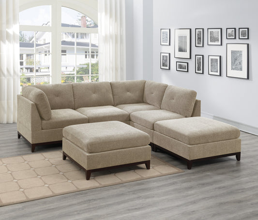 Camel Chenille Fabric Modular Sectional 6pc Set: L-Sectional Couch, Corner Wedge, Armless Chairs, Ottomans, Tufted Back, Wooden Base