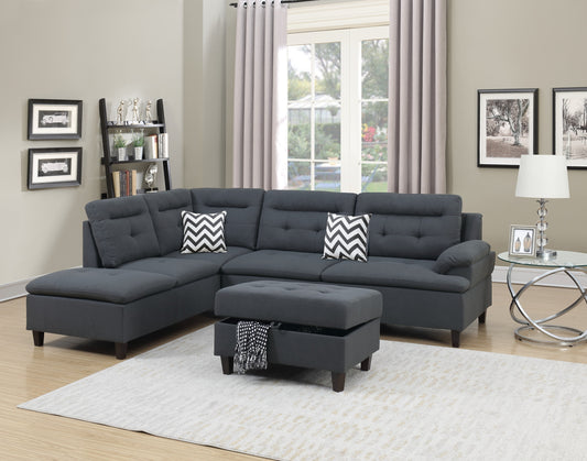 Living Room Furniture Charcoal Cushion Sectional with Ottoman - Linen Like Fabric Sofa Chaise