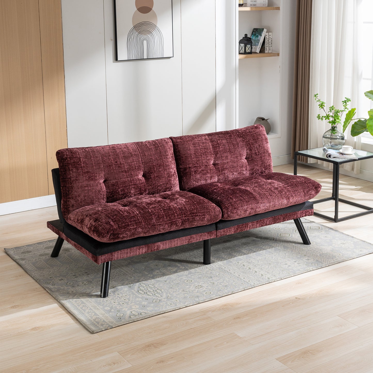 Convertible Sofa Bed Loveseat Futon: Adjustable Lounge Couch, Metal Legs, Chenille Wine Red