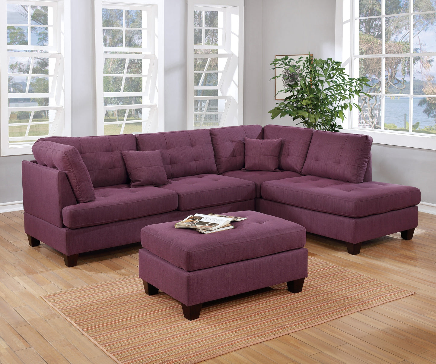 Living Room Furniture: Reversible Sectional Sofa, Warm Purple 3pc Set, Polyfiber Couch