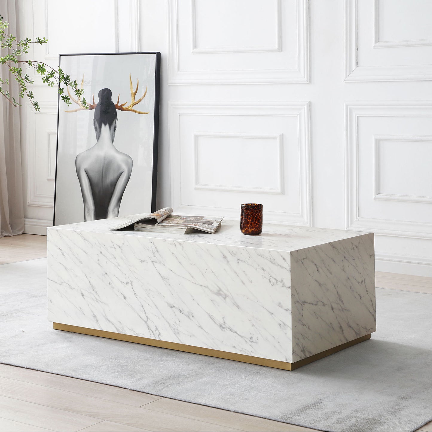 White Marble MDF Coffee Table: Rectangular End Table for Living Room/Waiting Area | 43.31"L X 23.62"W X 15.75"H