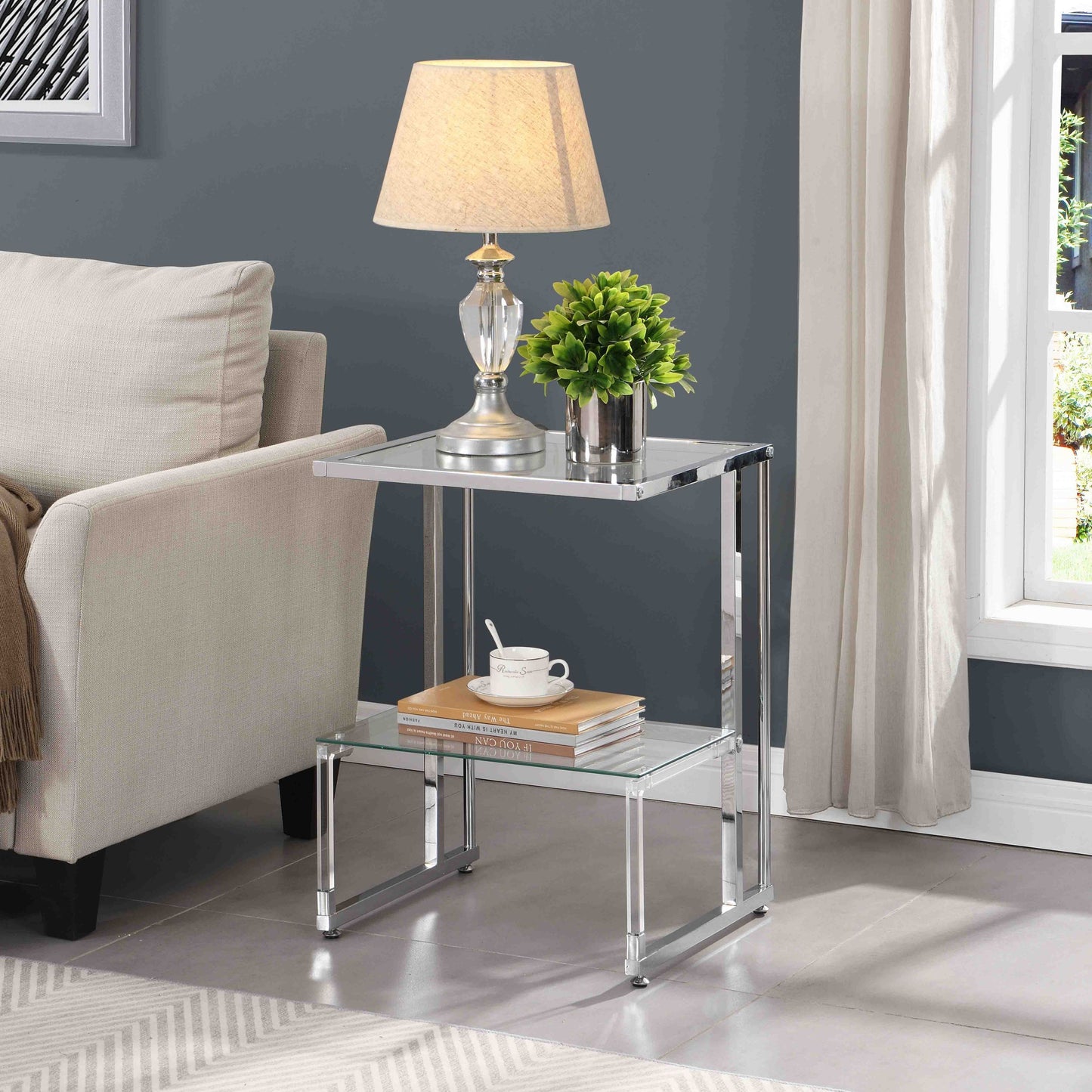 Silver Chrome Side Table, 2-Tier Acrylic Glass End Table for Living Room & Bedroom - Modern Design, Sturdy Construction, Sleek Silver Finish, Space-Saving, Versatile Furniture