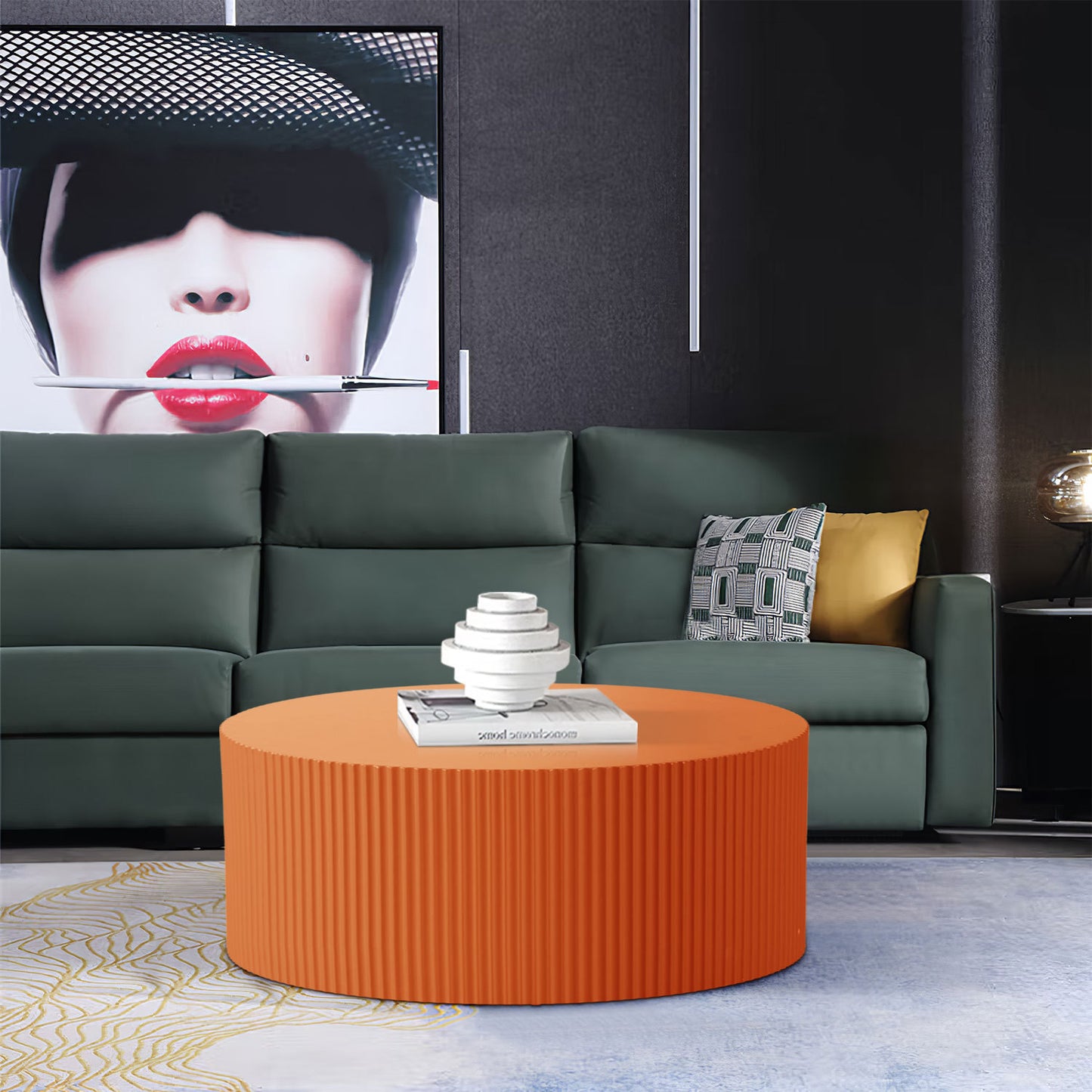 Stylish Round MDF Coffee Table with Handcraft Relief Design - Bright Orange φ35.43inch