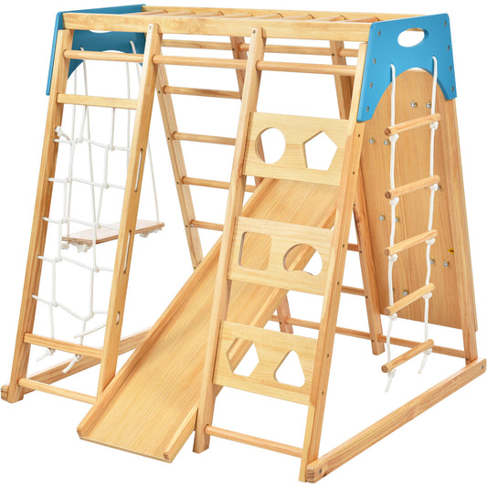 Wooden Indoor Kids Playground Jungle Gym with Slide, 8-in-1 Playset, Rock Climbing Wall, Monkey Bars, and Swing - Toddlers Wooden Climber with Rope Wall Climb - Color & Size Options Available