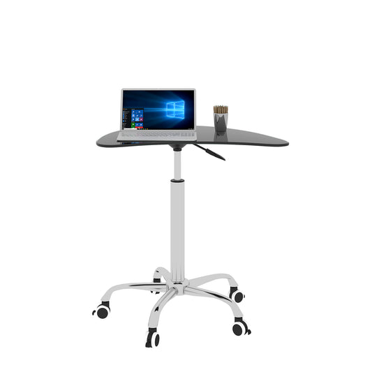 Adjustable Height Black Tempered Glass Table Desk with Lockable Wheels | Adjustable Range 24.2" to 32.7"