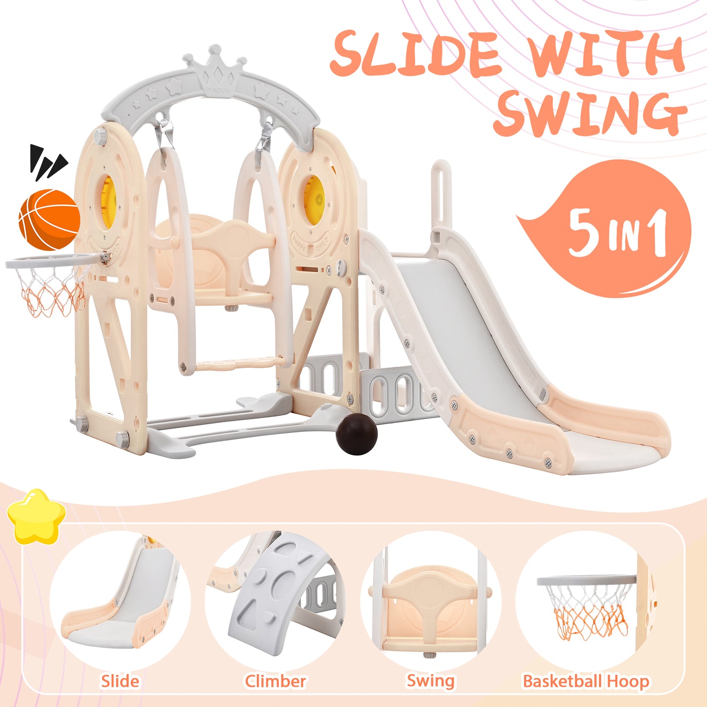 Toddler Slide and Swing Set 5 in 1: Playground Climber Slide Playset with Basketball Hoop, Indoor & Outdoor, Freestanding Combination for Babies