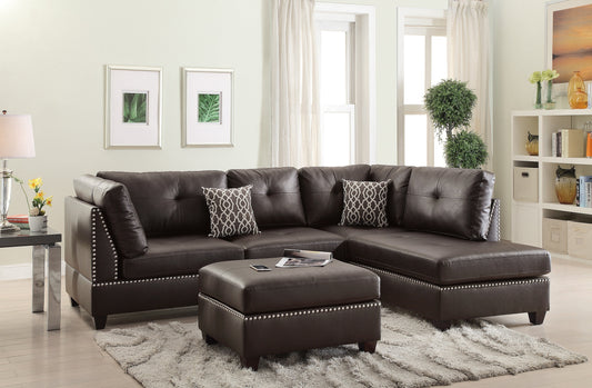 3-pcs Sectional Sofa: Espresso Bonded Leather Cushion Sofa Chaise Ottoman Reversible Couch Pillows