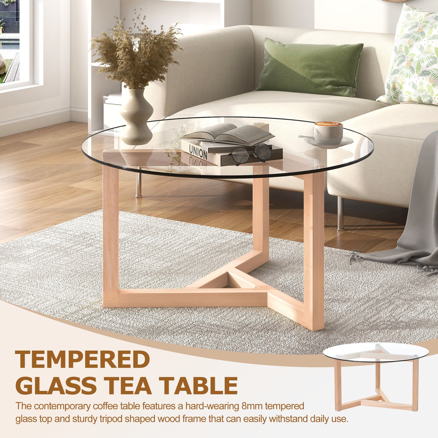 ON-TREND Round Glass Coffee Table with Tempered Glass Top & Sturdy Wood Base, Natural - Modern Cocktail Table, Easy Assembly,  (WF190112AAL)