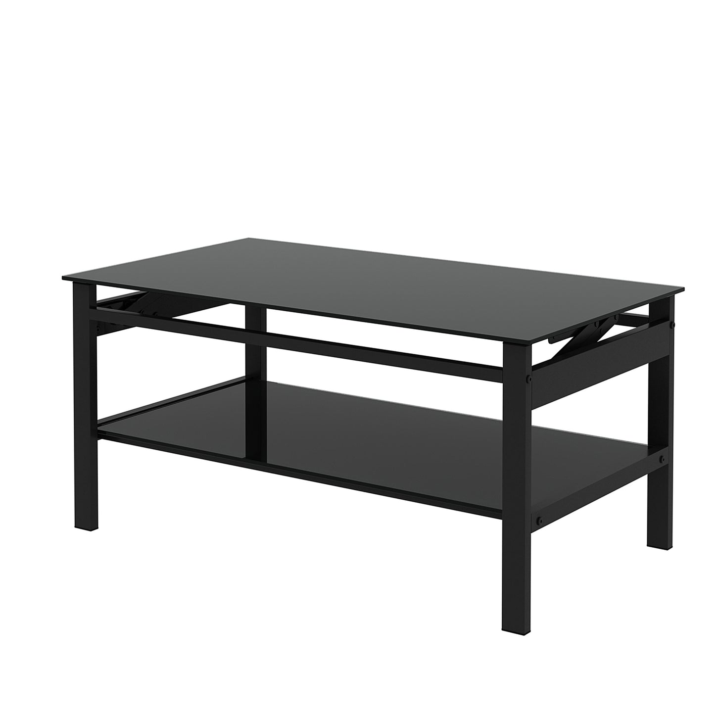 Glass Lift Top Coffee Table, 2-Layer Tempered Glass, Modern Design, Living Room, Black