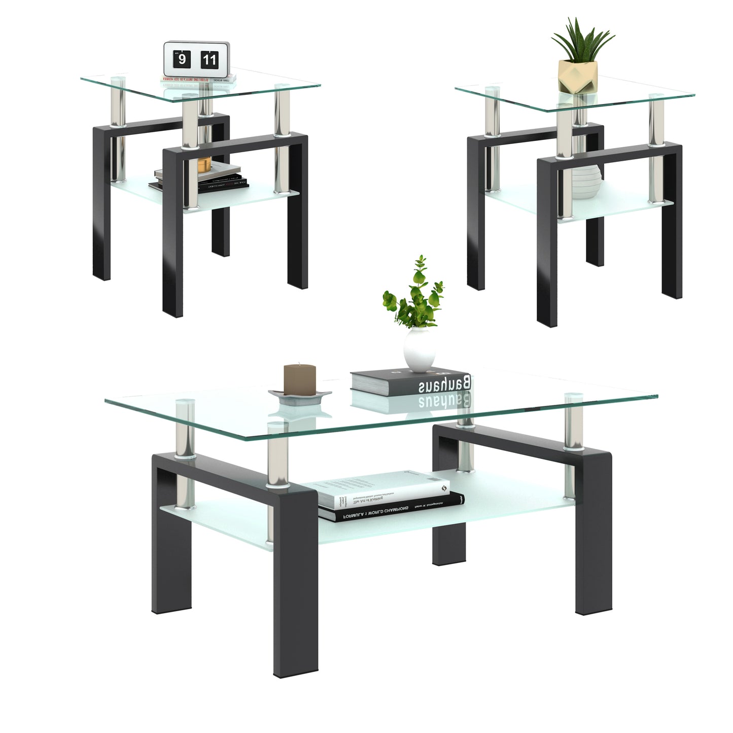 Set of 2 Modern Tempered Glass Tea Coffee End Table, Square Table for Living Room, Transparent/Black, Stylish & Functional