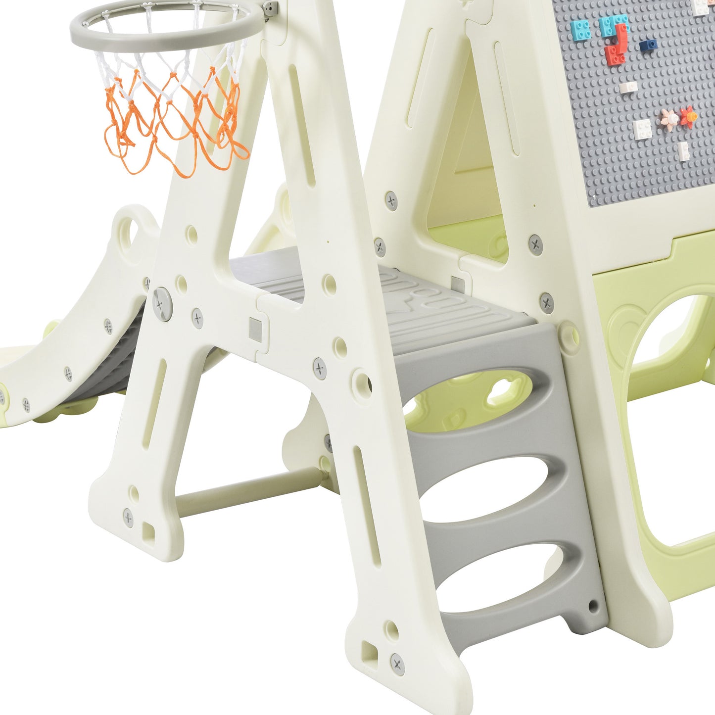 7-in-1 Toddler Climber and Slide Set: Playground Climber Slide Playset with Tunnel, Climber, Whiteboard, Toy Building Block Baseplates, Basketball Hoop Combination for Babies - White, Compact Size