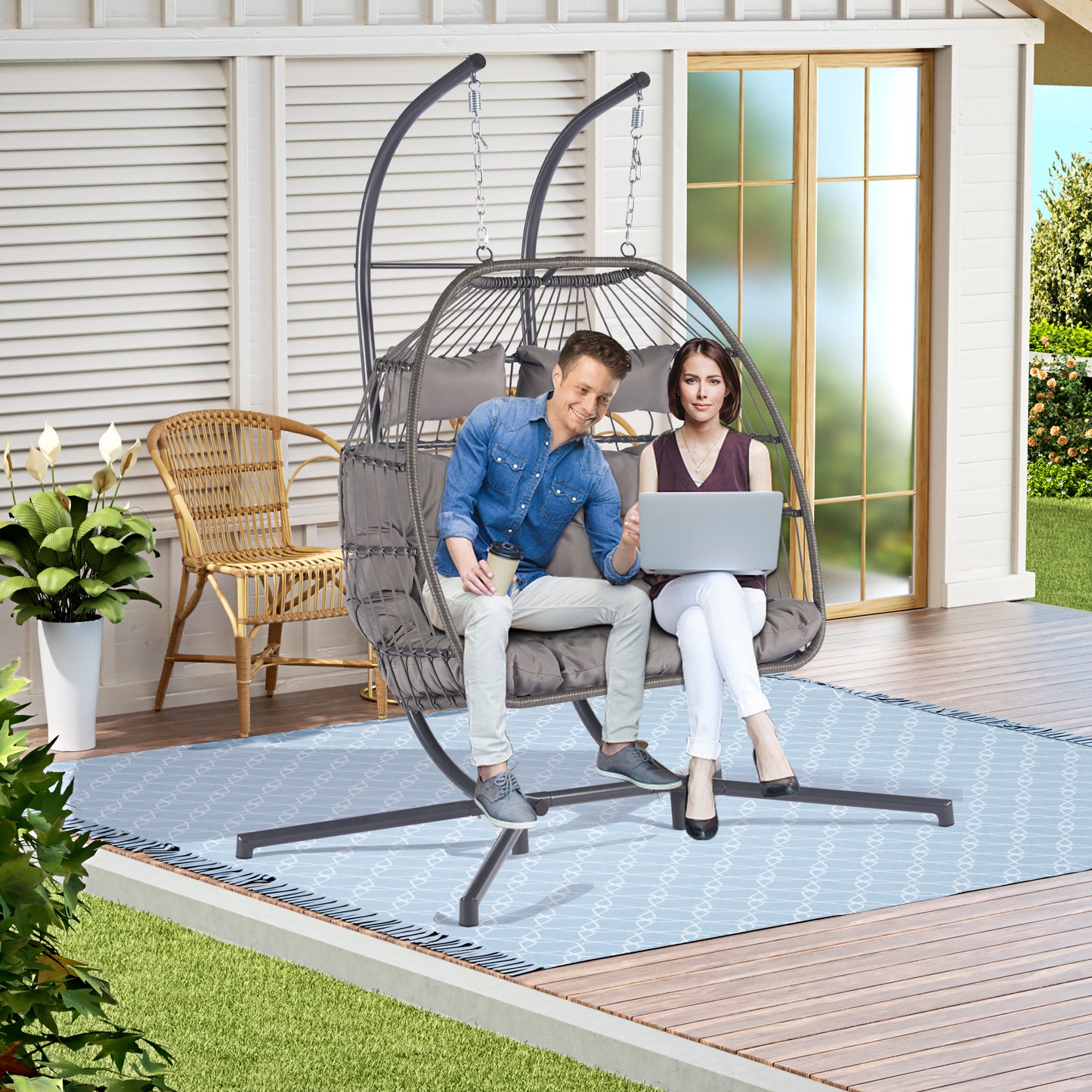 2 Person Outdoor Rattan Hanging Chair: Weatherproof, Durable, Comfortable Design with Cushions - Ideal for Relaxation in Garden and Outdoor Spaces - Multiple Color Options, Compact Size