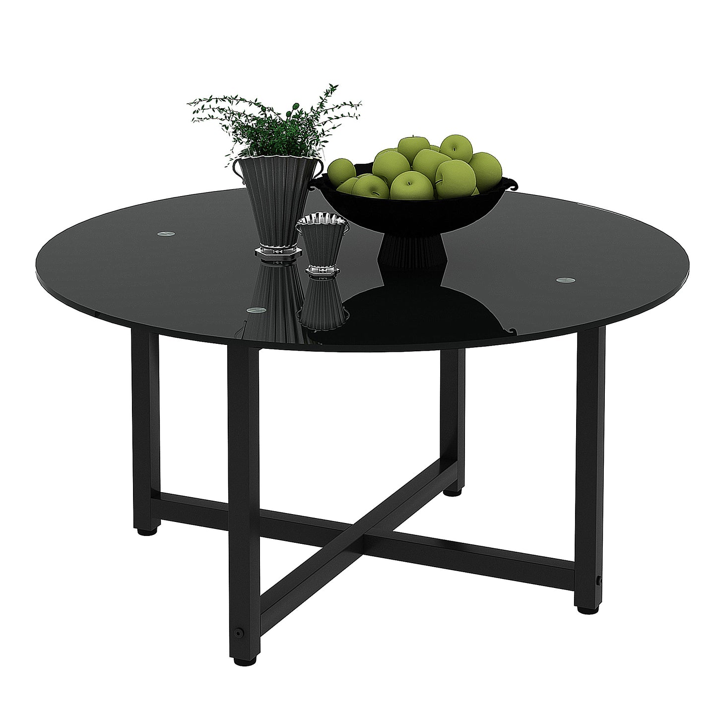 35.5" Round Whole Black Coffee Table: Modern Clear Center Table for Living Room Furniture