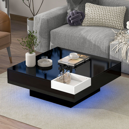 Modern Minimalist Design Square Coffee Table with Detachable Tray & Plug-in 16-color LED Strip Lights Remote Control for Living Room - 31.5*31.5in Size