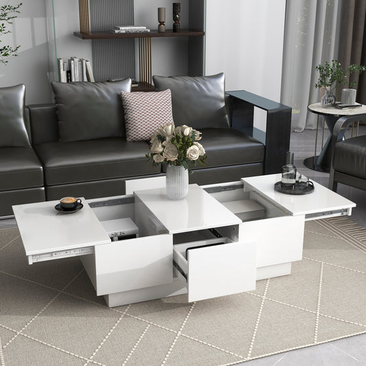 ON-TREND Multifunctional Coffee Table with Hidden Storage, Extendable Cocktail Table with Drawers, High-gloss Center Table with Sliding Top for Living Room, White, 39.3"x21.6"