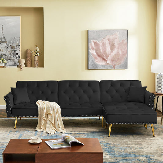 Modern Velvet Upholstered Reversible Sectional Sofa Bed: L-Shaped Couch with Movable Ottoman, Nailhead Trim for Living Room - Black