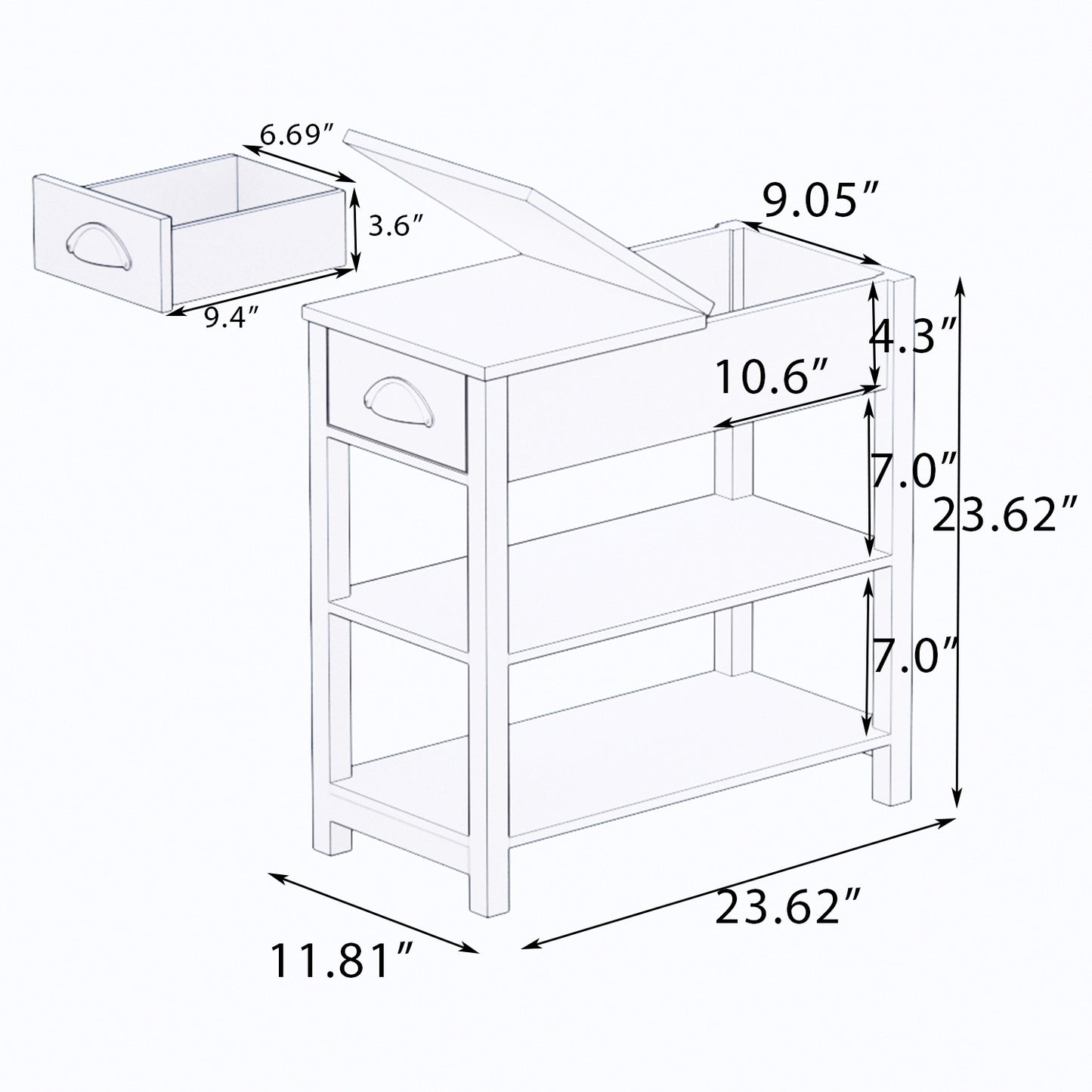 Narrow Sided Table with Drawers & Bottom Partition | White Flip Over Design | Space-Saving & Versatile Furniture Solution