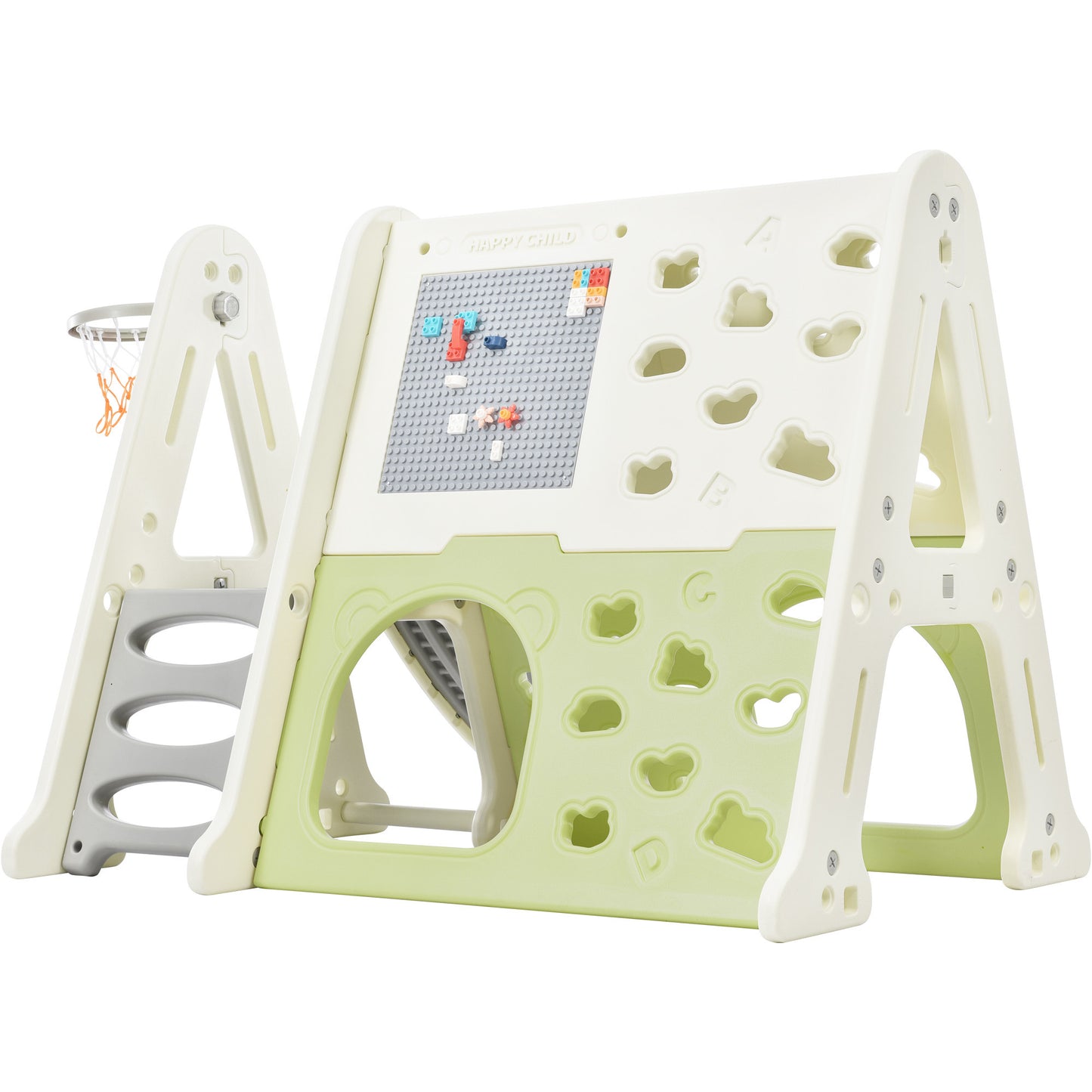 7-in-1 Toddler Climber and Slide Set: Playground Climber Slide Playset with Tunnel, Climber, Whiteboard, Toy Building Block Baseplates, Basketball Hoop Combination for Babies - White, Compact Size