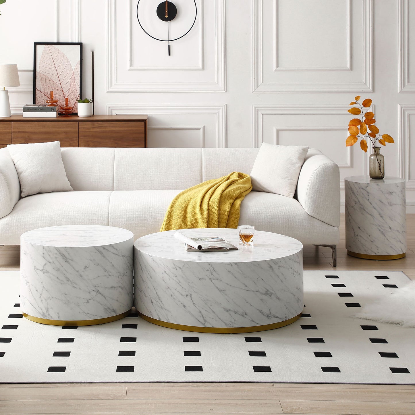 Set of 3 White Marble Pattern Round Coffee Tables: Fully Assembled Living Room Side & End Table Set - Elegant Design, Sturdy Construction, Ideal for Small Spaces - 220 letters.