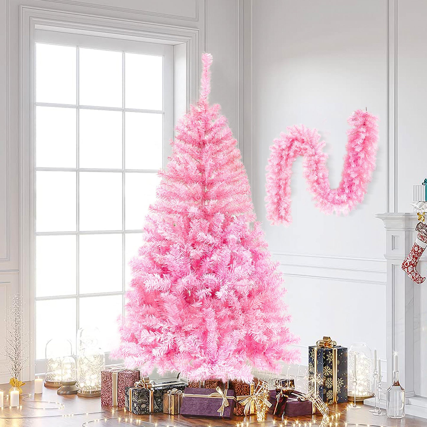 Pre-lit Artificial Christmas 2-Piece Set: 5FT Pink Tree & 6ft Garland - Xmas Decor with Sparkling Lights & Festive Ambience