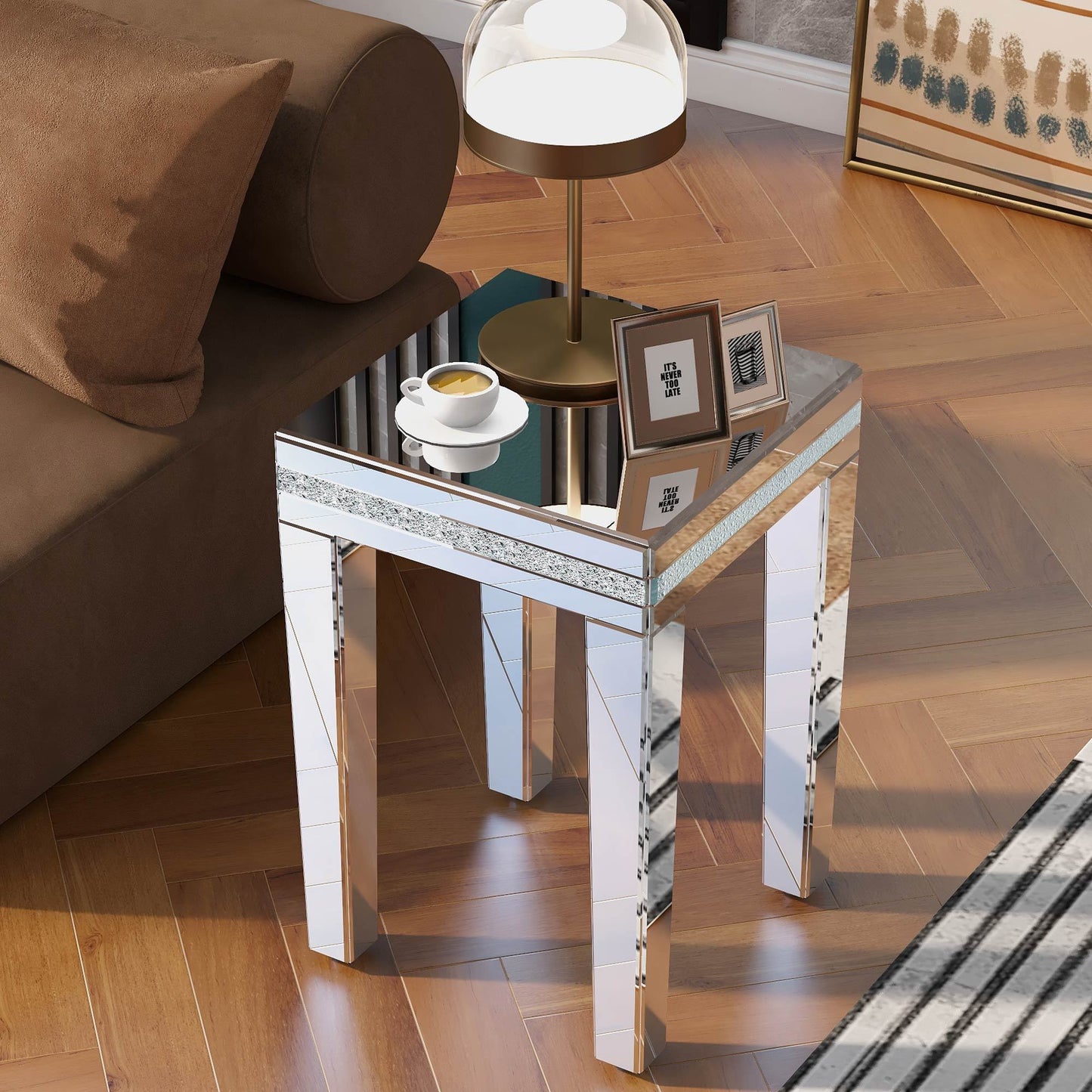 Fashionable Modern Glass Mirrored Side Table, Crystal Design, Adjustable Height Legs, Silver