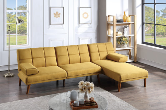 Mustard Polyfiber Sectional Sofa Set - Solid Wood Legs, Tufted Couch, Adjustable Chaise - Living Room Furniture (Color: Mustard)