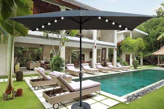 10 x 6.5t Rectangular Patio Solar LED Lighted Outdoor Umbrellas - Crank, Tilt - Garden, Backyard, Pool.