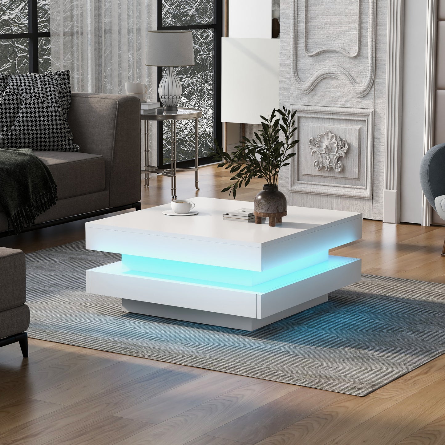 ON-TREND High Gloss 2-Tier Square Coffee Table with 16-color LED Lights, for Living Room, 31.5”x31.5”x14.2”, White