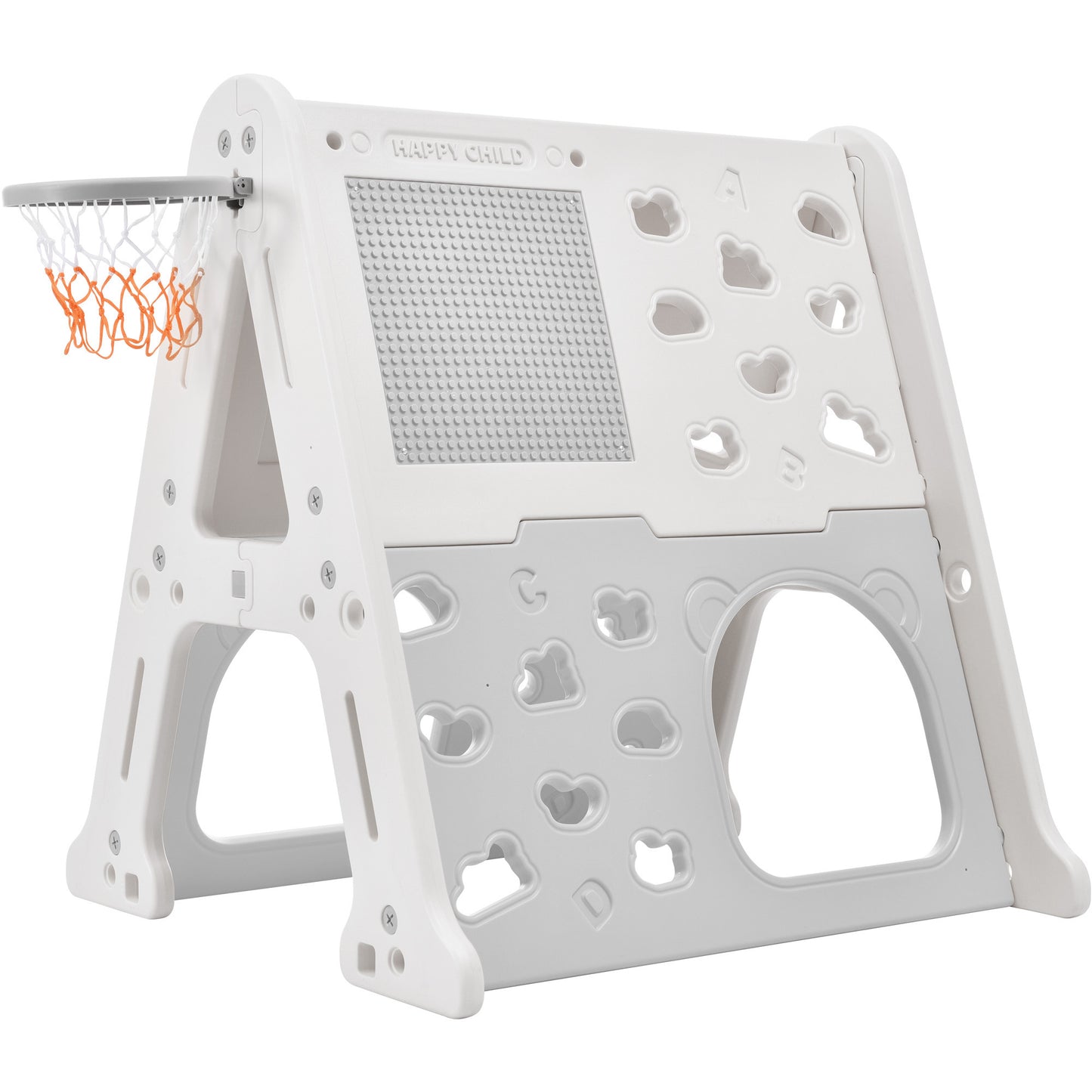 Children's Playground 5-in-1 Playset: Climber, Basketball Hoop, Tunnel, Whiteboard, Building Block Baseplates - Gray, HDPE Material - 54.3''L x 39.4''W x 44.5''H, 29.8lbs.