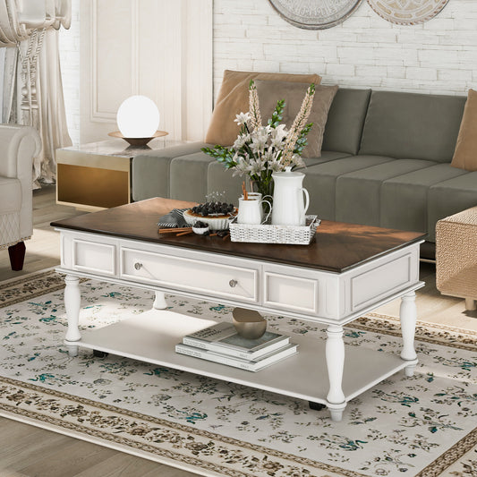 Retro Two-tone Cocktail Table Coffee Table with Caster Wheels | Easy Assembly | Movable | Livingroom Furniture | Antique White Color