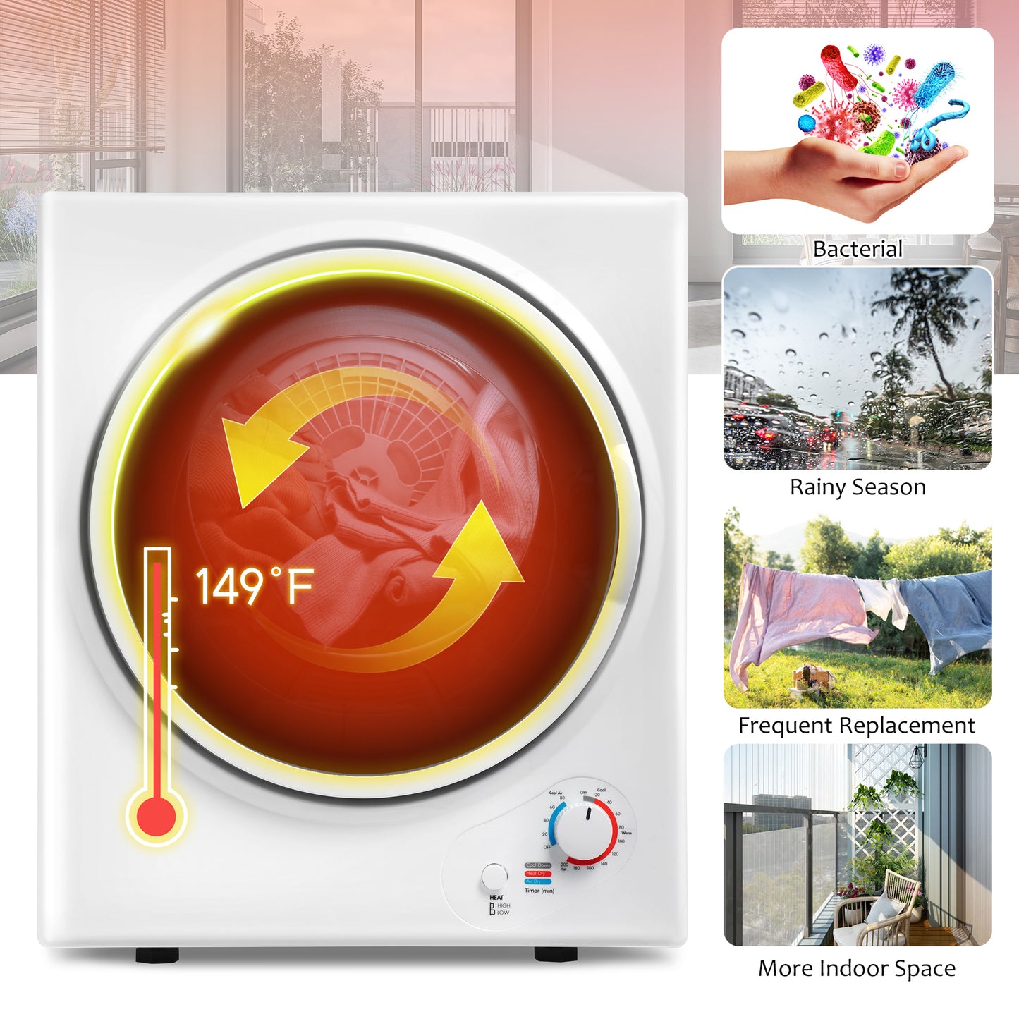 Electric Portable Clothes Dryer, Front Load Laundry Dryer for Apartments, Dormitory and RVs with Easy Knob Control, Wall Mount Kit Included