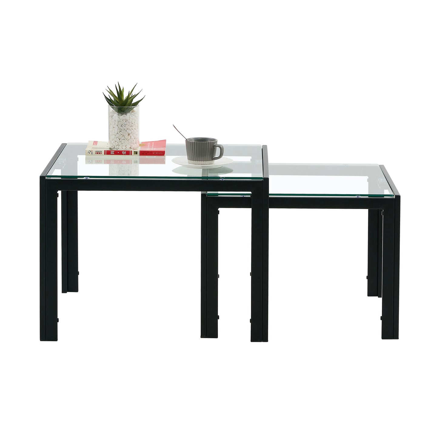 Nesting Coffee Table Set of 2, Square Modern Stacking Table with Tempered Glass Finish for Living Room, Transparent - Sleek and Space-Saving Furniture with Contemporary Design.