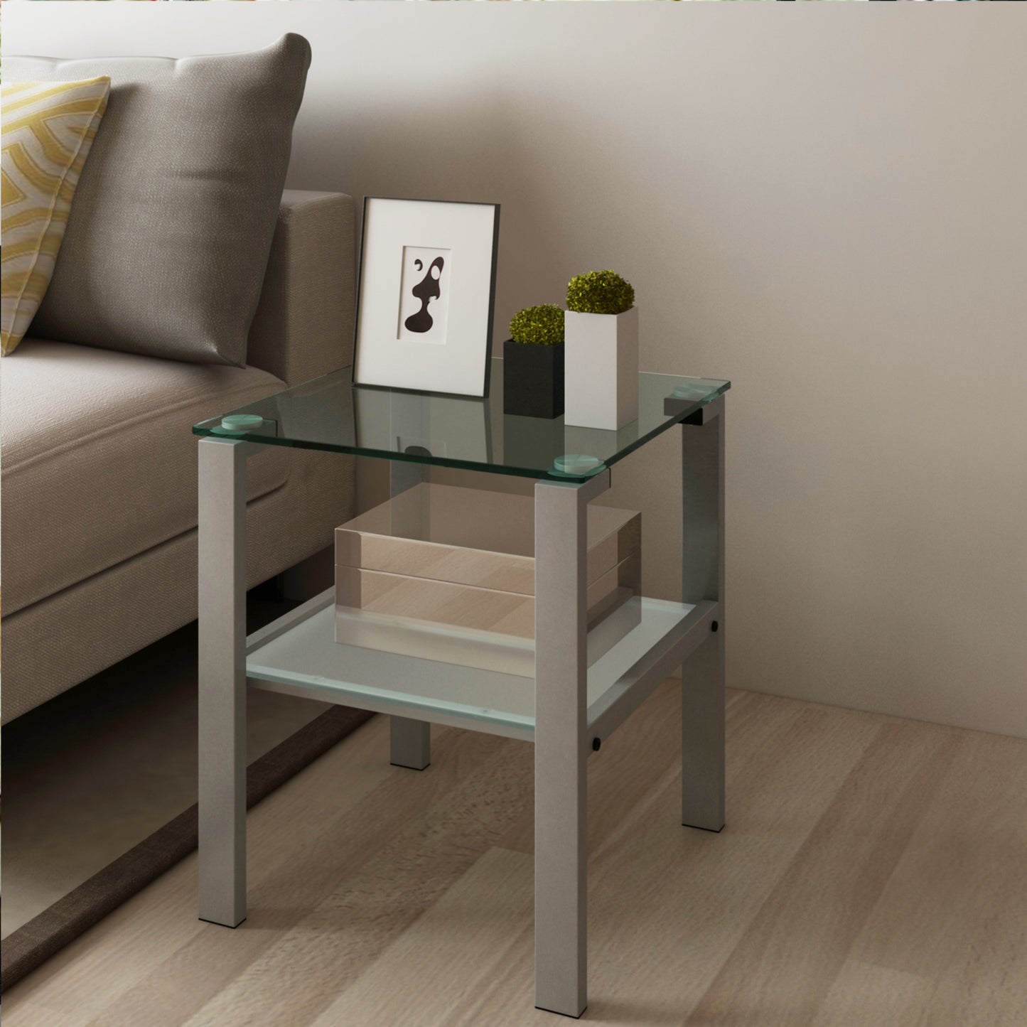 Glass Two Layer Tea Table - Small Round Bedroom Corner & Living Room Side Table - Grey, 220 Letters Max