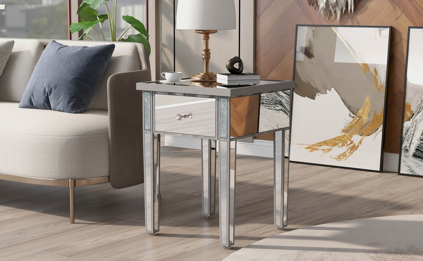 ON-TREND Modern Glass Mirrored End Table with Drawer, Crystal Handles, Adjustable Height Legs - Silver