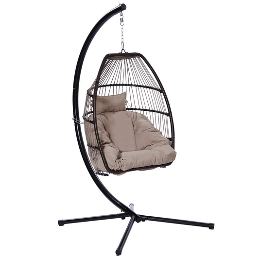 Outdoor Patio Wicker Folding Hanging Chair - Rattan Swing Hammock Egg Chair with C Type Bracket, Cushion & Pillow.