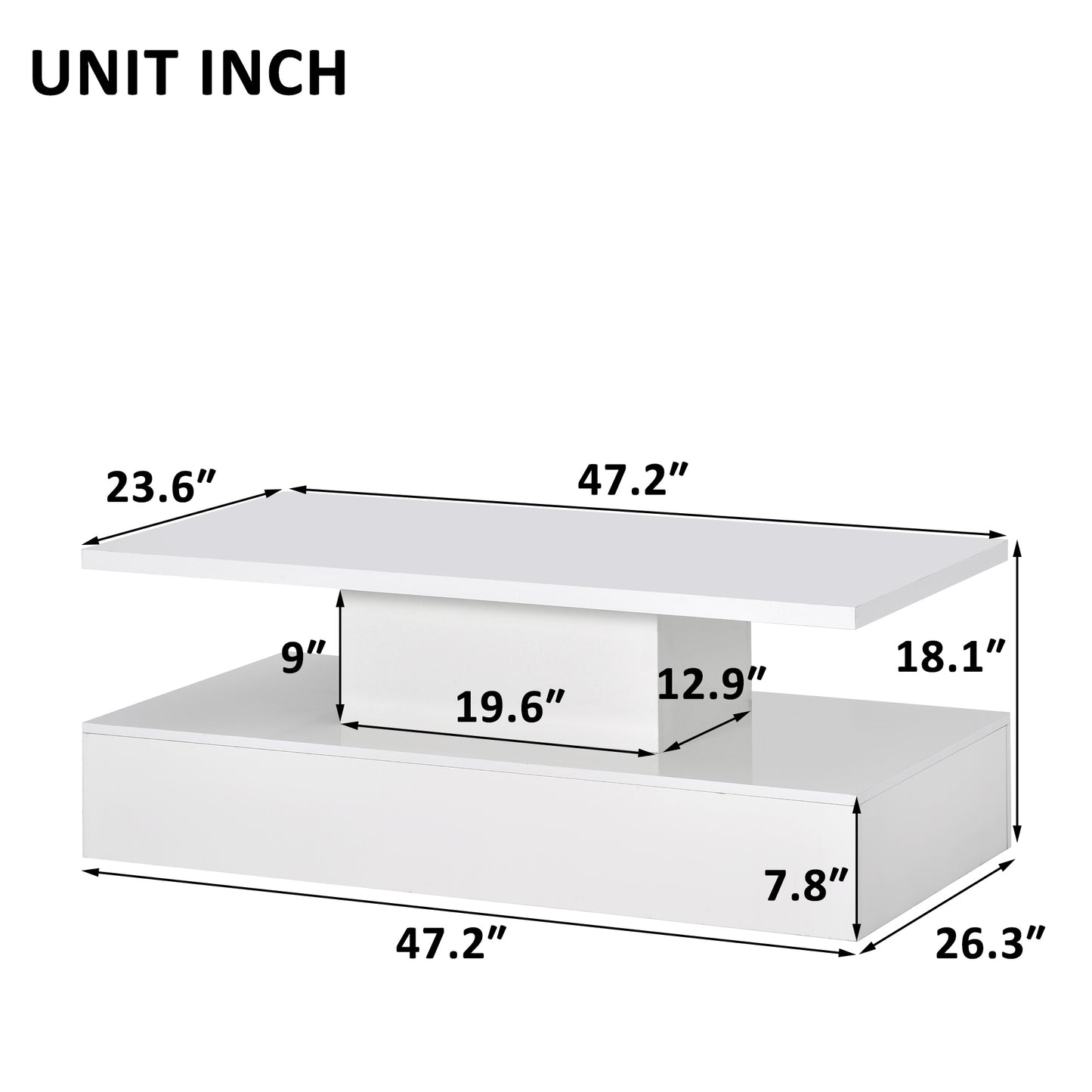 ON-TREND Coffee Table Cocktail Table with LED Lighting, Modern Industrial Design, 16 Colors, Remote Control, White