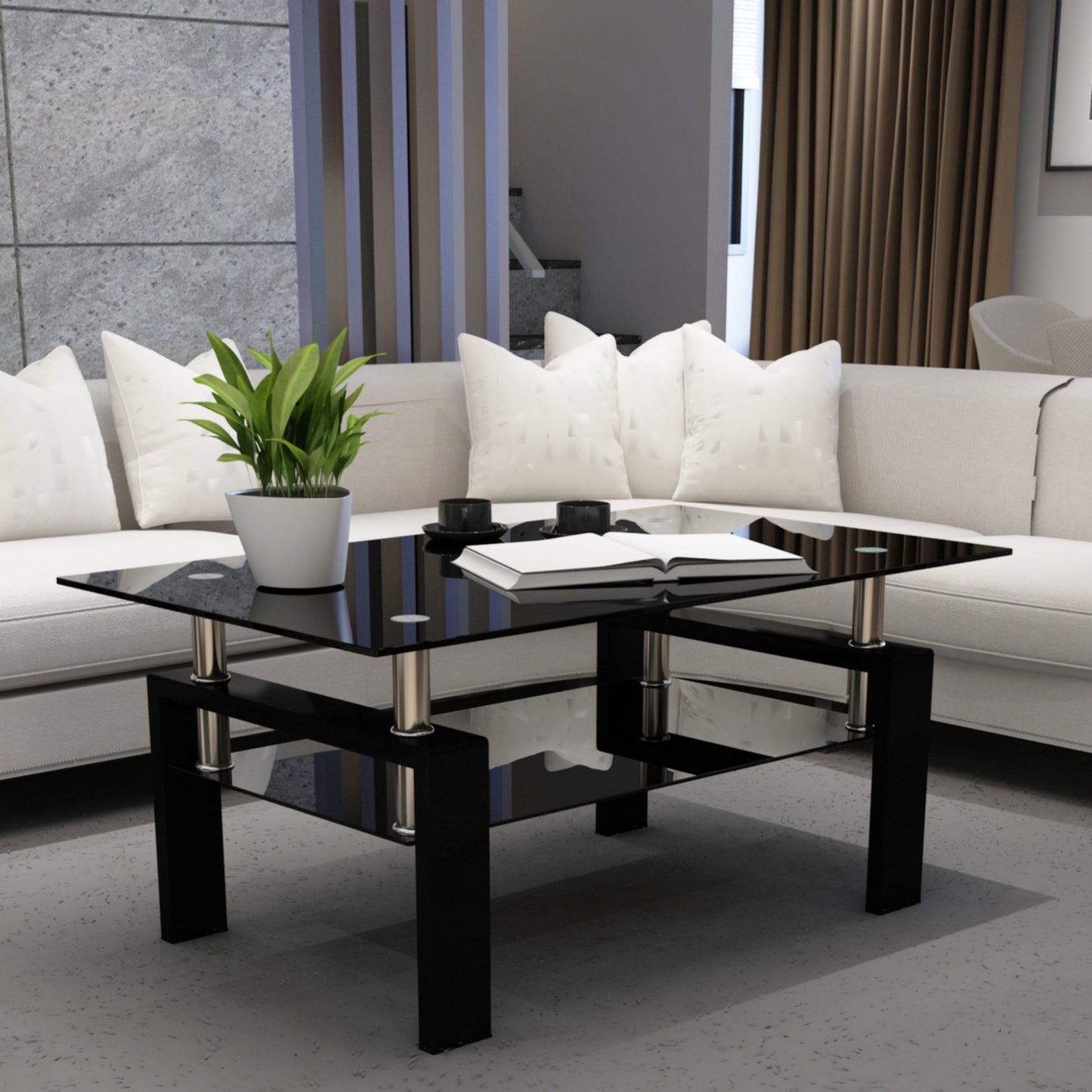 Rectangle Black Glass Coffee Table, Modern Side Center Tables for Living Room, Clear, Living Room Furniture