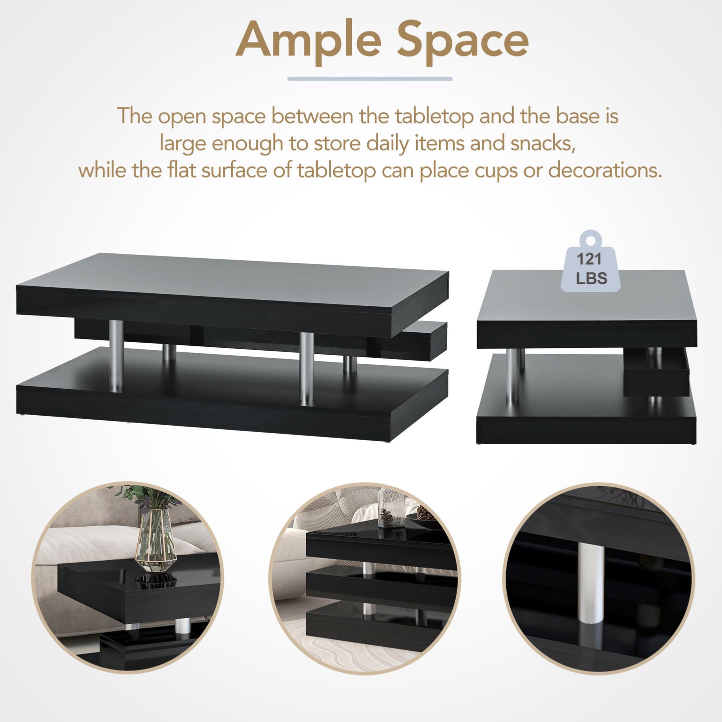 ON-TREND 2-Tier Coffee Table, Silver Metal Legs, High-gloss UV Surface, Minimalist Design, Living Room Center Table, Black Rectangle Cocktail Table