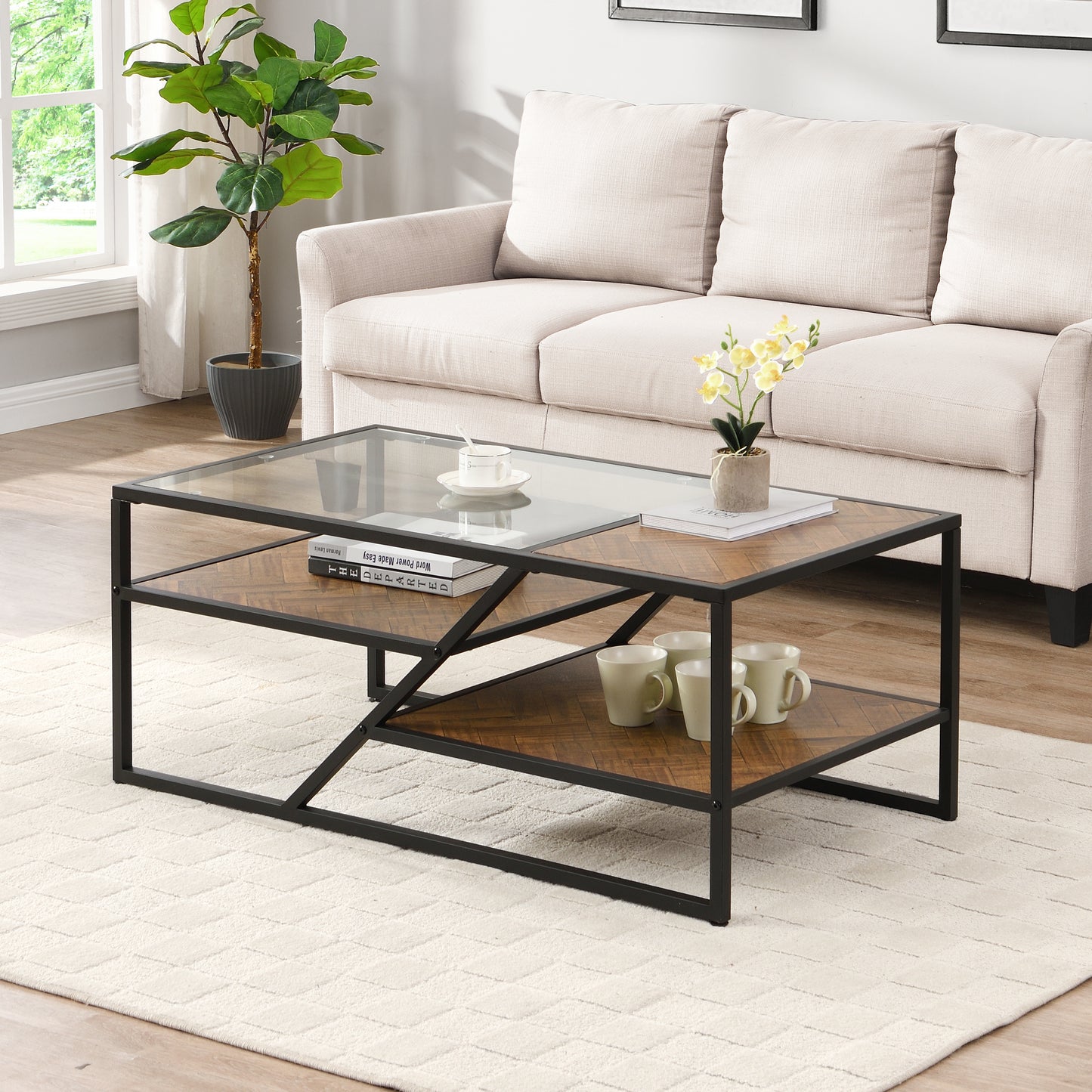 Black Coffee Table with Storage Shelf, Tempered Glass & Metal Frame for Living Room & Bedroom - Stylish, Functional Furniture for Home Décor