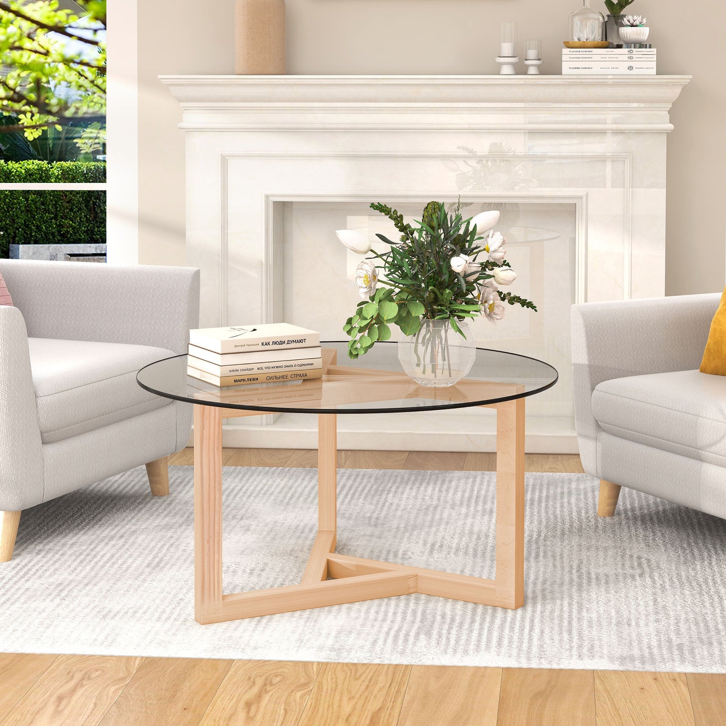 ON-TREND Round Glass Coffee Table with Tempered Glass Top & Sturdy Wood Base, Natural - Modern Cocktail Table, Easy Assembly,  (WF190112AAL)