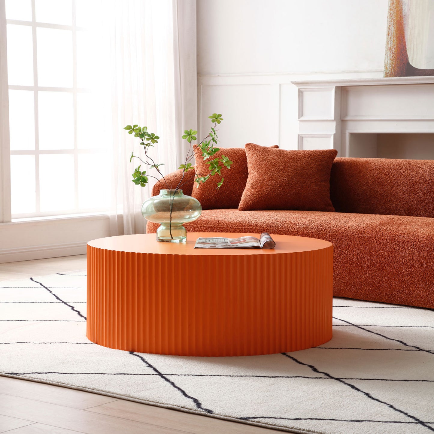 Stylish Round MDF Coffee Table with Handcraft Relief Design - Bright Orange φ35.43inch