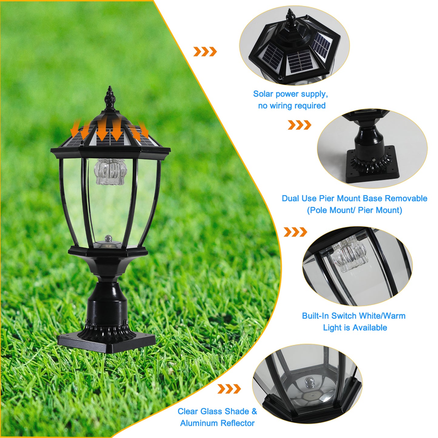 Solar Column Headlights With Dimmable LED - Efficient Outdoor Lighting Solution with Adjustable Brightness and Stylish Design