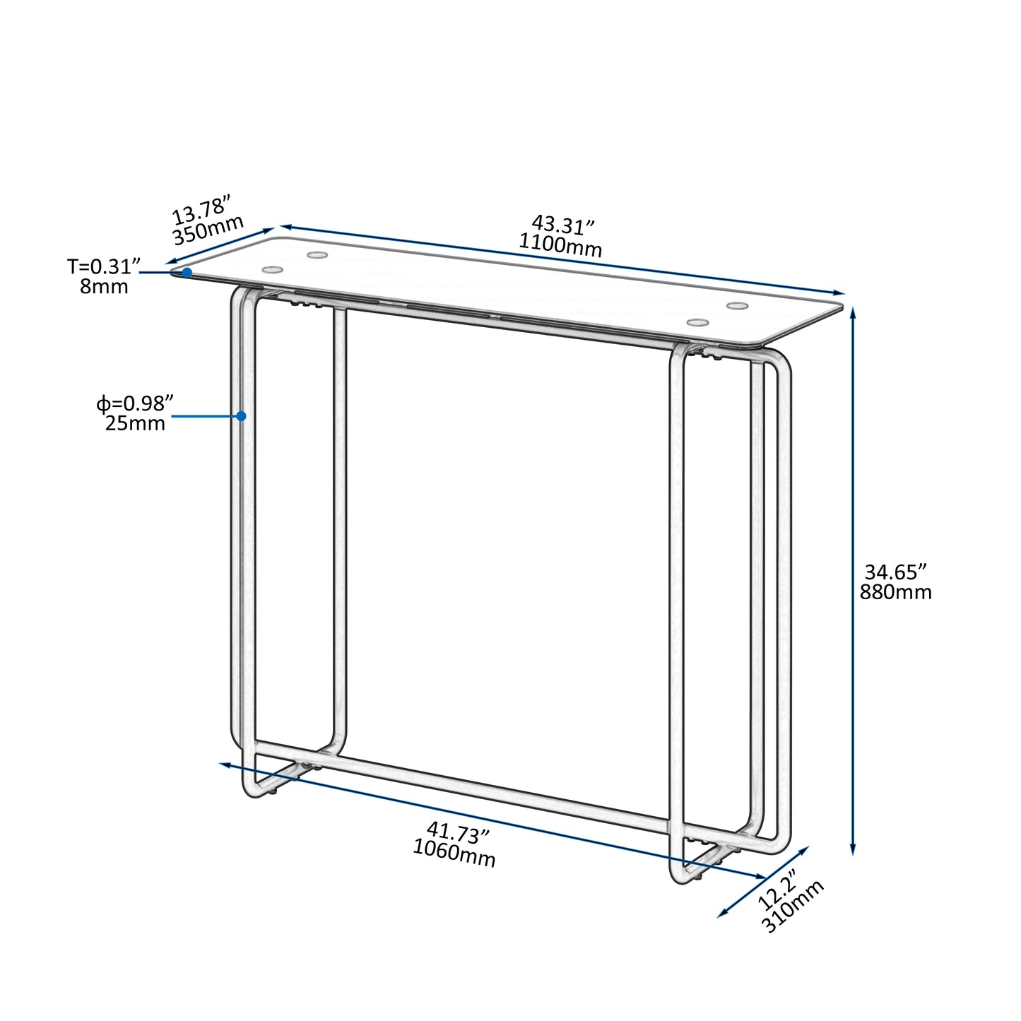 Console Table - Single Layer Tempered Glass Rectangular Porch Table with Black Legs - Double Tempered Glass Tea Table, Black