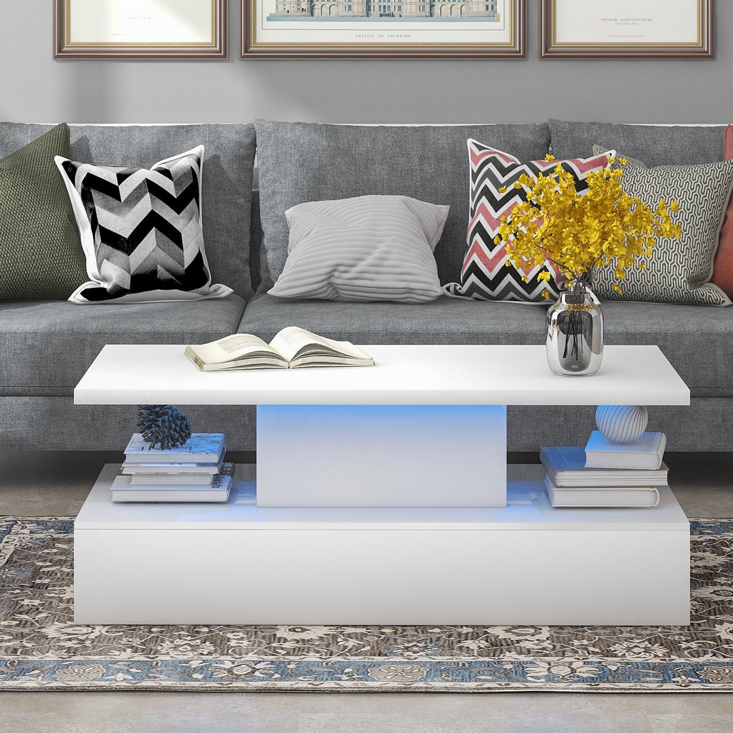 ON-TREND Coffee Table Cocktail Table with LED Lighting, Modern Industrial Design, 16 Colors, Remote Control, White