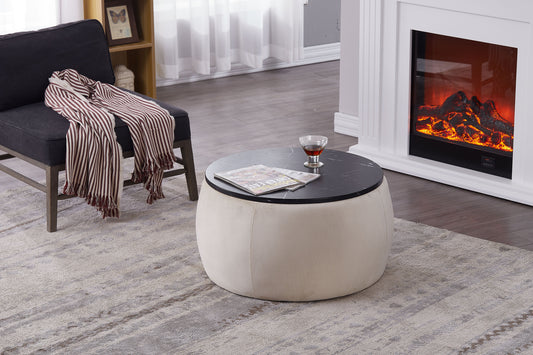 Round Storage Ottoman: Handmade Coffee Table, End Table & Footstool for Living Room. Wooden Lid, Beige Color.