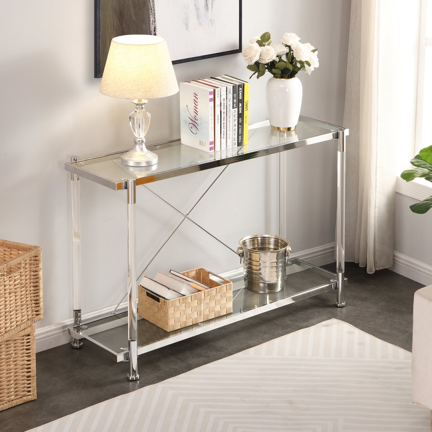 Acrylic Glass Side Table: Chrome Sofa Table, Console Table for Living Room & Bedroom - Sleek, Modern Design with Chrome Finish - Perfect for Any Space - Available in Multiple Colors and Sizes