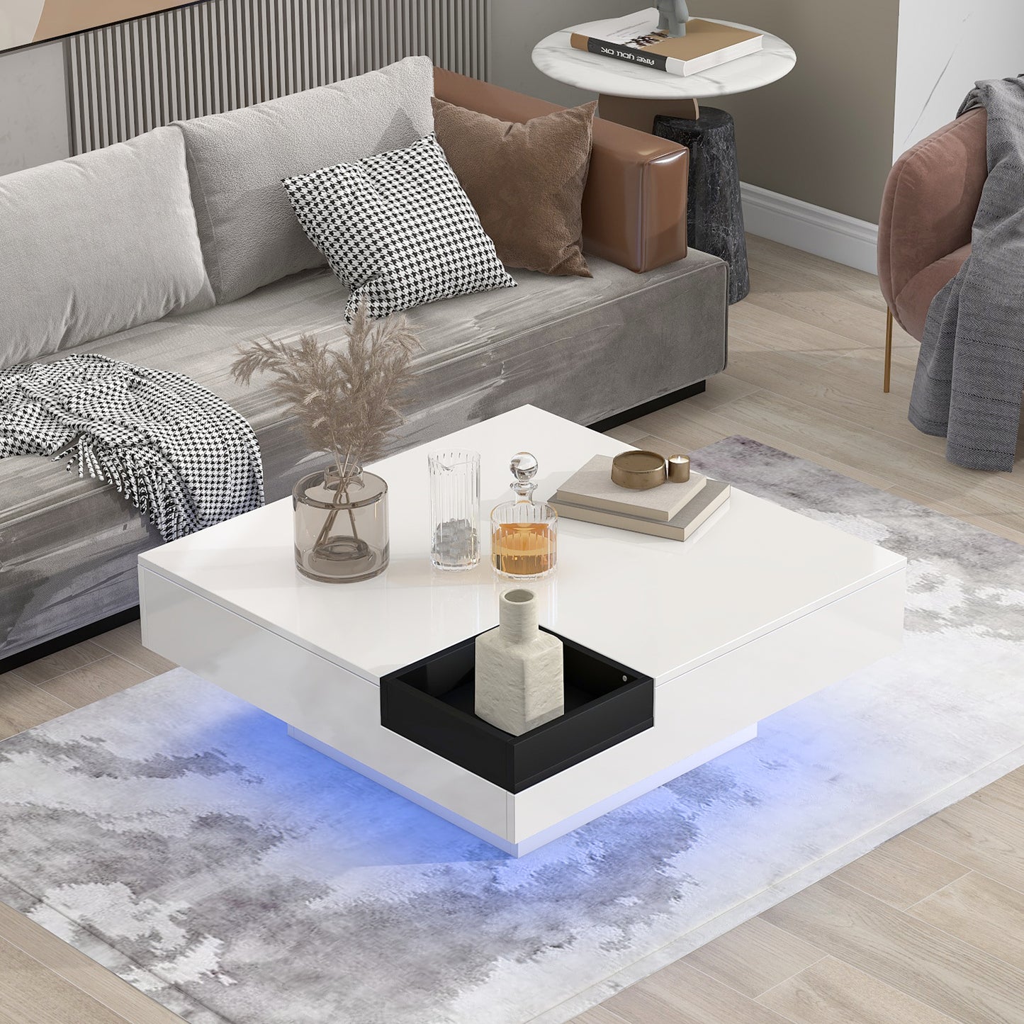 ON-TREND Modern Minimalist Design Square Coffee Table with Detachable Tray & Plug-in LED Strip Lights Remote Control for Living Room - 31.5*31.5in, 16-color