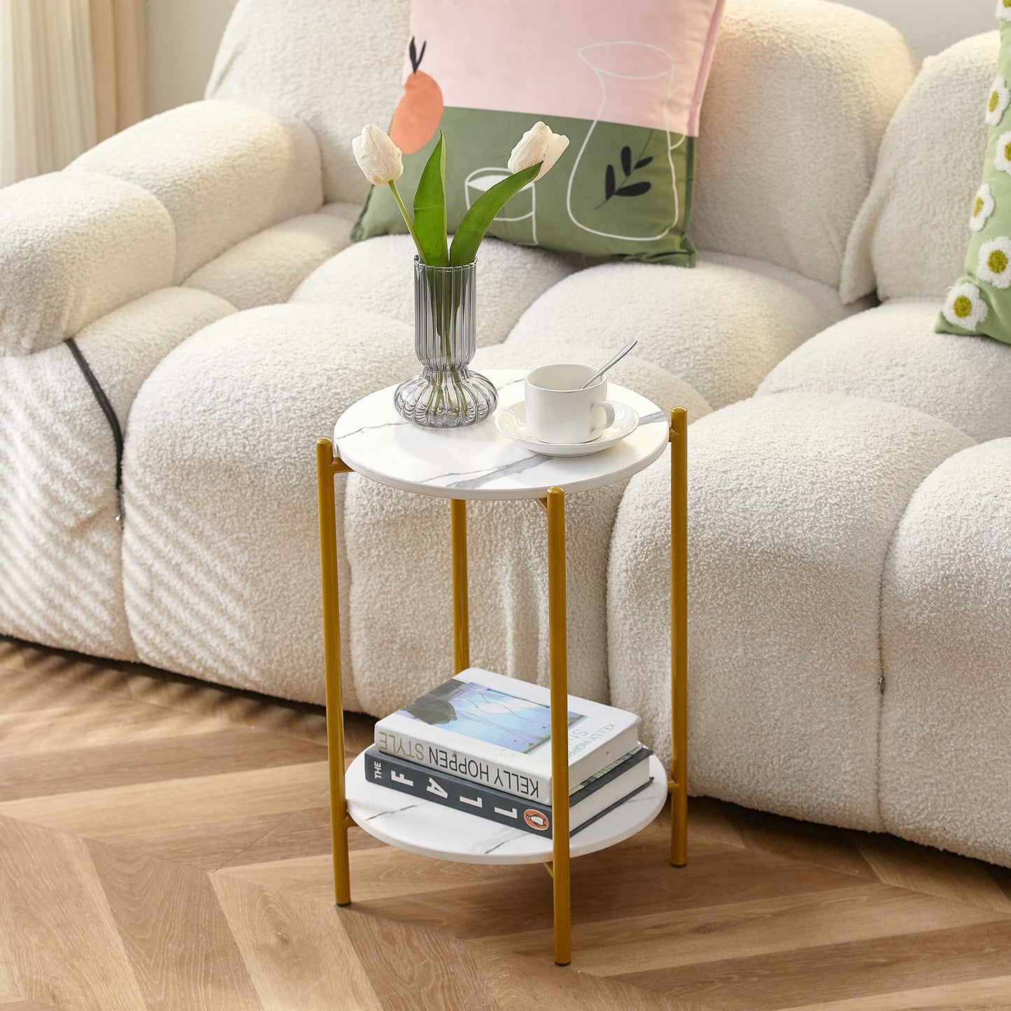 2-Layer End Table with Marble Tabletop, Round Coffee Table, Golden Metal Frame for Bedroom, Living Room, Office - White, 1 Piece